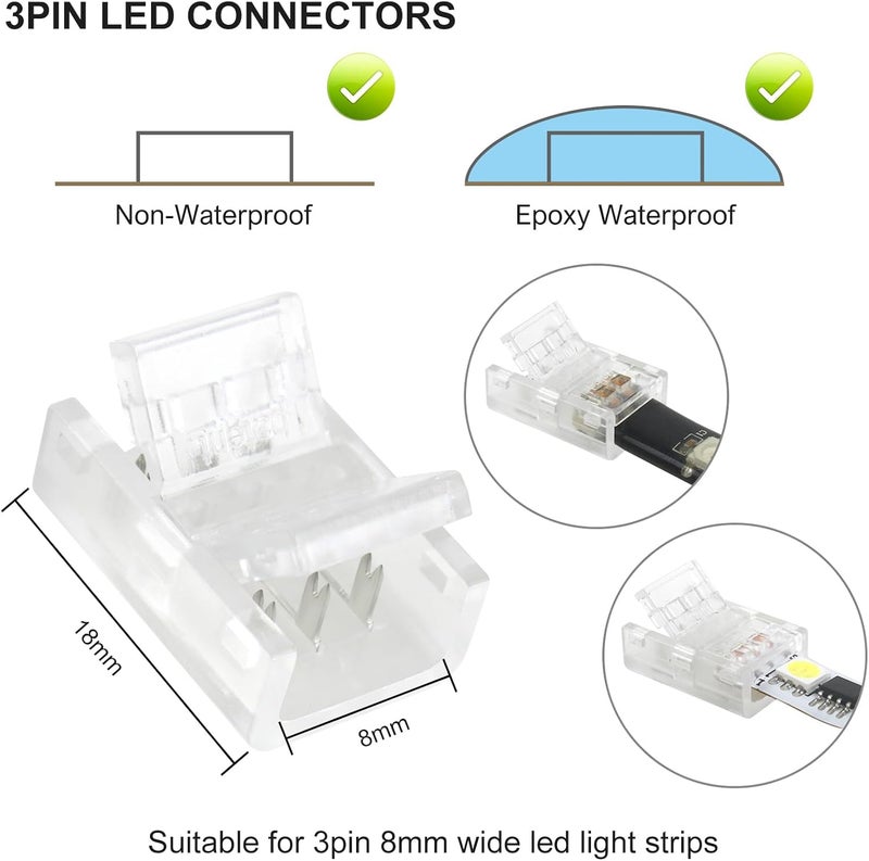 RGBZONE 10Pcs 3 Pin 8mm LED Strip Connectors Upgraded Gapless Solderless Strip to Strip Quick Connector for 8mm Waterproof and Non-Waterproof WS2811 WS2812B LED Strip Light - Image 2